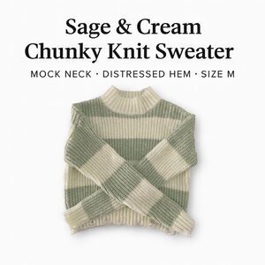 Sage & Cream Chunky Striped Knit Sweater – Mock Neck, Distressed Hem (Size M)
